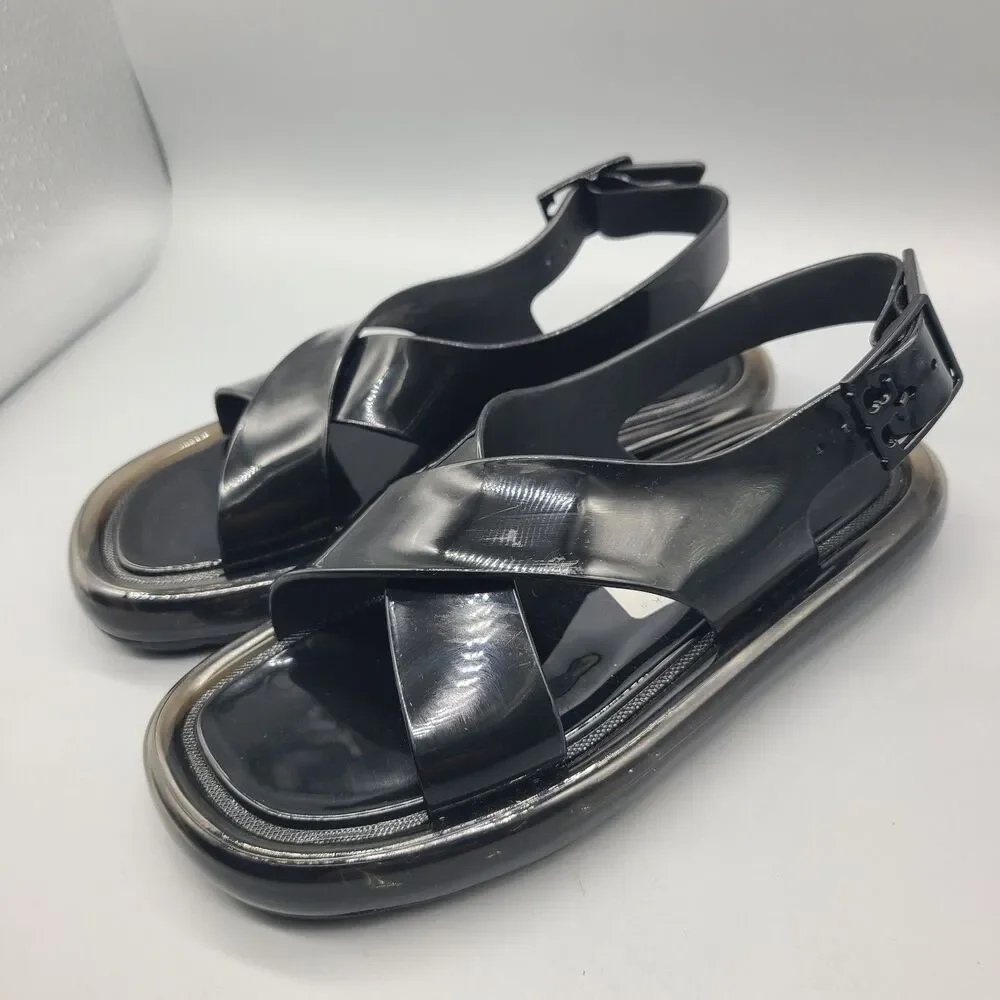 Tory Burch Sandals Criss Cross Bubble Jelly  Black slingback flat Sz 7 new